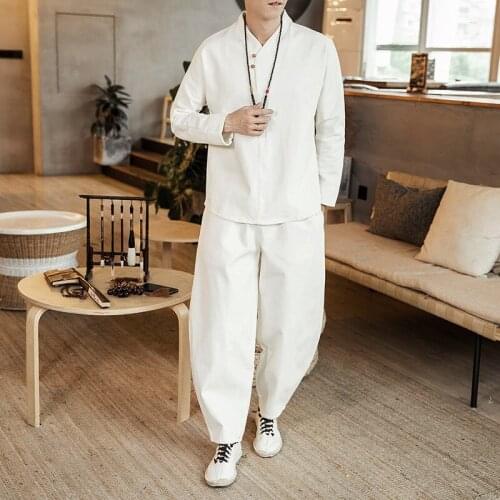 Chinese Style Men Cotton Linen Retro Style Han Tang Suit Slim Chinese Tunic Costume Mens Clothing Top+Pants White Long Sleeves