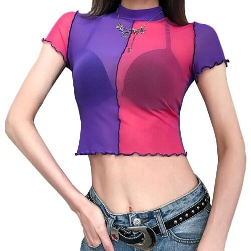 Summer Womens Casual See Through Sexy Sheer Mesh Crop Tops Short Sleeve Turtleneck Slim Spliced Color Party Clubwear T-Shirts