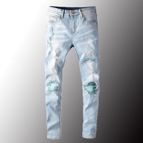 New Mens Light Blue Patchwork Ripped Biker Jeans Streetwear Slim Skinny Holes Distressed Stretch Denim Pants Plus Size 4xl