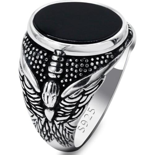 Punk Black Onxy Stone Mens Ring 925 Sterling Silver Black Angel Hope for Peace Male Rings Vintage Turkish Silver Jewelry Gift