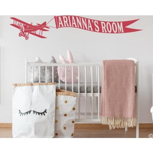 Biplane Wall Decal with customizable name banner, fits kids bedroom, nursery, and more A13-059