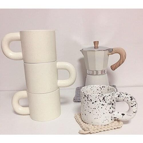 New Design Ceramic Large Ear Mug Handmade Splashed Ink Mugs Fat Handle Coffee Cups Beautiful European Office Drinking Coffee Set
