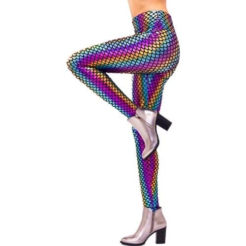 Sexy Street patent leather rainbow fish scale Leggings nightclub pole dance stage European and American performance 6813 MLXL3XL