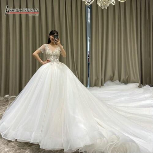 Cap sleeves beading body tulle wedding dress long train brand high quality
