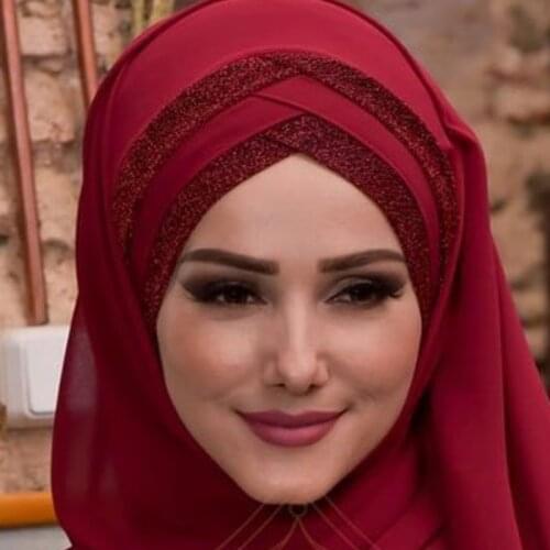 2020 New Sequins Glitter Forehead Cross Muslim Hijab Scarf Ready to Wear Turban Hijabs Islamic Women Headscarf Female Head Wraps