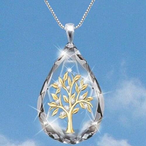 Transparent Crystal Waterdrop Shape Life Tree Pendant Necklace for Women Fashion Party Jewelry Necklace Gifts