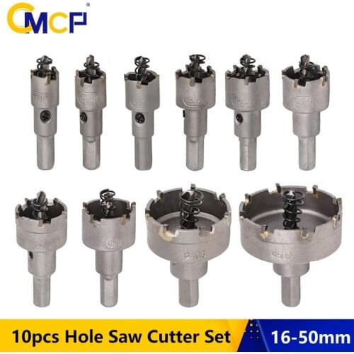 CMCP Hole Saw Drill Bit 10pcs 16-53mm Carbide Tipped TCT Drill Cutter for Cutting Stainless Iron Wood Hole Drilling Tools