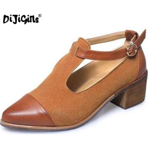 DIJIGIRLS British Style Women Low Heel Pumps Shoes Cut-Outs Imitate PU Retro Wood Square Heel Oxford Shoes For Ladies