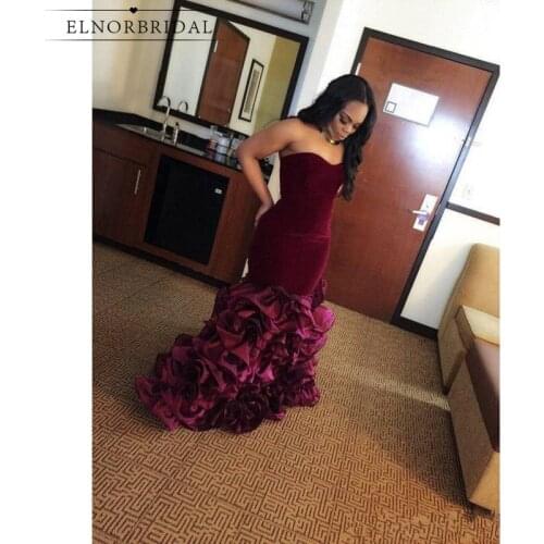 African Burgundy Mermaid Evening Dresses 2021 Abendkleider Ruffle Organza Formal Women Dress Special Occasion Party Gowns