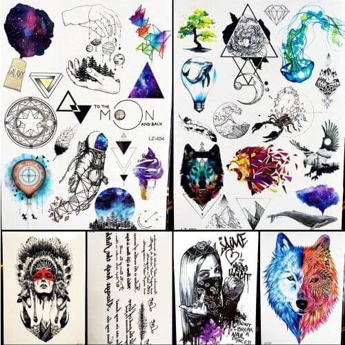 Astronaut Waterproof Fake Water Transfer Tattoo Star Moon Totem Planet Sky Galaxy Temporary Tattoo Watercolor Triangle Stickers