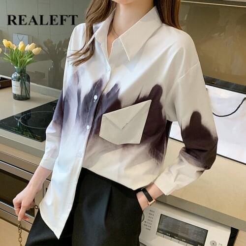 REALEFT 2021 New Autumn Ink Printing Womens Blouse Turn-down Collar Casual Loose Female Blouse Tops Workwear Chic Office Shirts