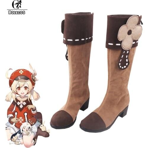 ROLECOS Game Genshin Impact Cosplay Shoes Klee Cosplay Boots Zipper Women Chunky Heel Shoes Round Toe Ladies Knee High Boots