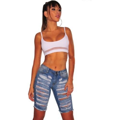 Sexy Mid Waist Ripped Hole Tassel Short Jeans Summer Women High Elasticity Knee Length Jeans Street Women Skinny Pencil Pants