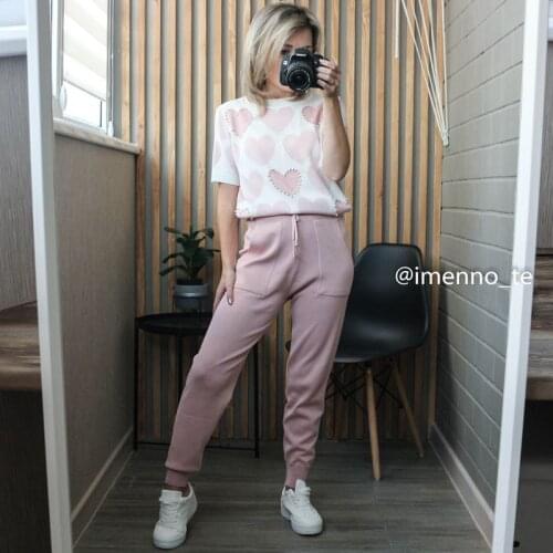 GIGOGOU 2 Piece Sets Women Knitted Tracksuits Embroidery Heart O Neck Short Sleeve Women T Shirt + Knitted Harem Pencil Pants