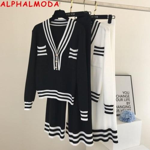 ALPHALMODA Autumn Winter New Sweater Top Wide-leg Pants Women 2pcs Casual Suits Stylish Striped Pocket Loose Comfy Lounge Wear