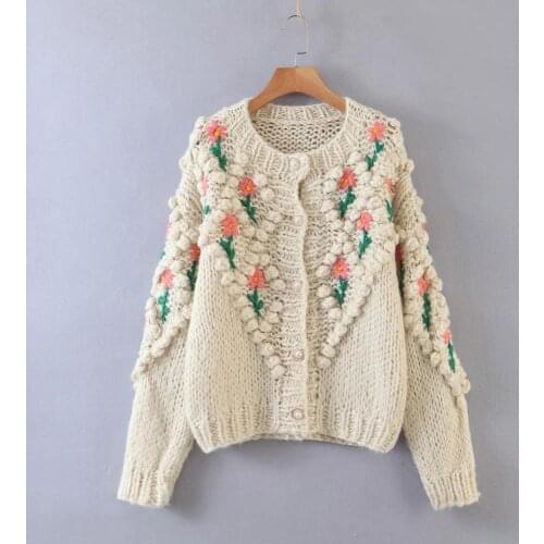 Women hand made floral warm cardigan 2020 winter fashion ladies o-neck puff sleeve button sweater vintage female preppy style