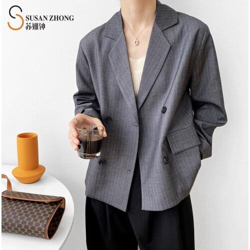 Women Coat Female Blazer Suit Stripe Pattern Strap Cuff Notched Collar Flap Pockets Gathered Back Delicate Tailored Autumn