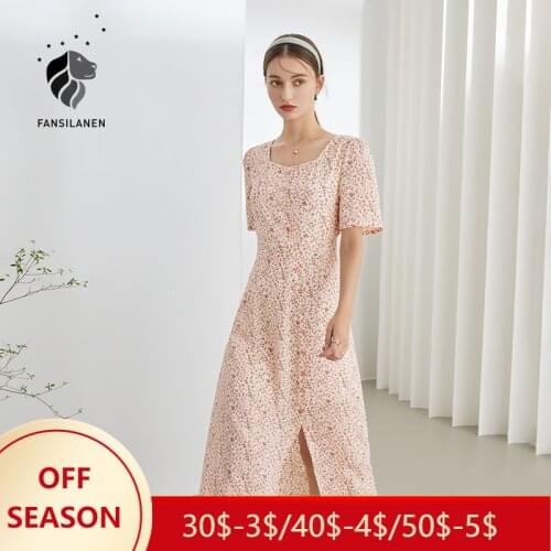 FANSILANEN Office Lady Chiffon Crushed Flower Dress Women Summer New Gentle Wind Split Square Neck A-line High Waist Long Dress