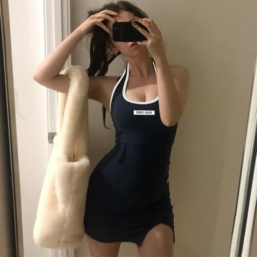 Ribbed Knit Letter Embroidery Y2k Halter Dress Women 2021Summer Side Split Bodycon Sundress Sleeveless Beach Mini Dresses Party