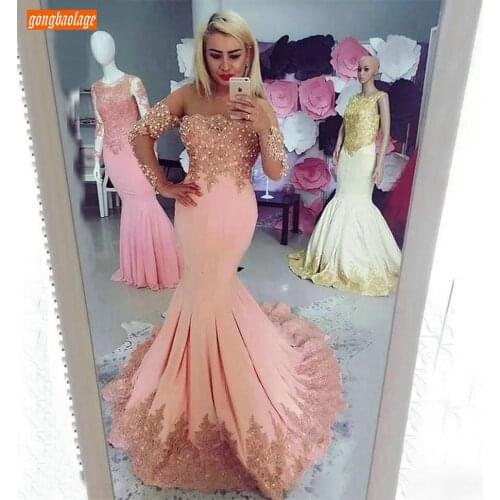 Sexy Women Pink Mermaid Evening Dresses Long Sleeves Appliqued Lace Beaded Evening Gown Sweep Train Customized Girl Formal Dress