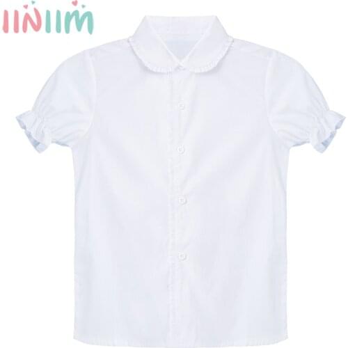 Iiniim Kids Girls Retro Pure Color Shirt Tops Lapel Button Down Short Sleeve Lace Ruched Slim Fit Cotton Blouse for School Daily
