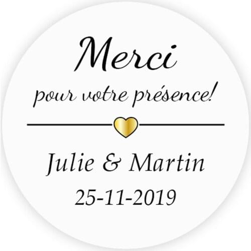 DouxArt 100 Pieces Custom Personalized, Merci de votre presence Wedding Favors Stickers, 40mm Wedding Invite Label Seals P144