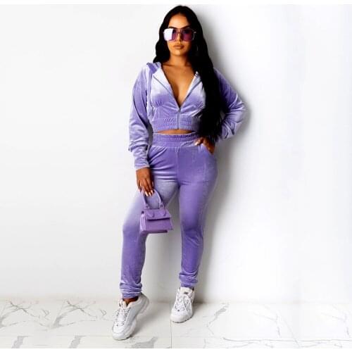 European and American Autumn and Winter New Sports Casual Womens Wear Purple Even Hat Collar Long Sleeved Trousers Two Suits