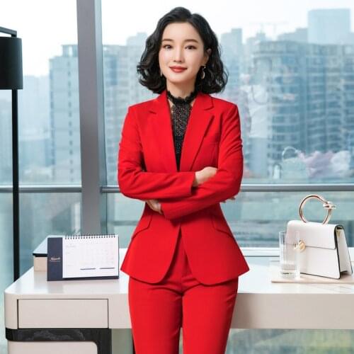 IZICFLY Spring Autumn New Style Red Career Woman Suits With Pant Two Piece Set Ladies Elegant Business Blazer and Trouser Work