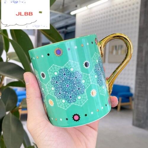 Moroccan Style Geometric Hexagon Coffee Mug with Glod Handle Ceramic Water Tea Cup Wedding Gift 350ml