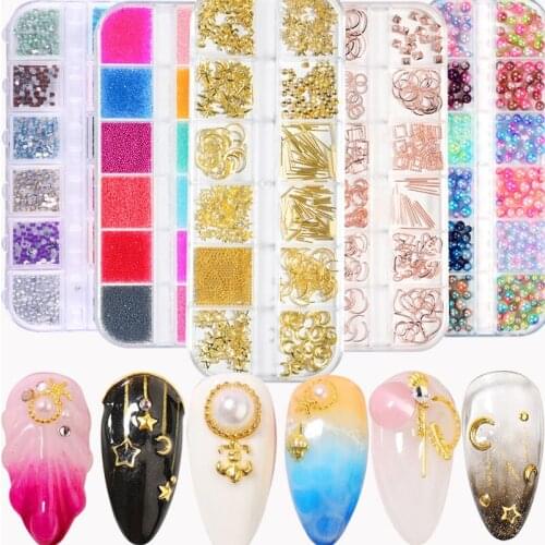 LEAMX 12 Grids 40 Hollow Metal Rivets Color Pearl Flat Bottom Diamond Long Strip Box Mixed Nail Art Full Set 3D Art Accessories
