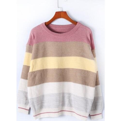 Patchwork Striped Femme Sweater Autumn Women O Neck Knitted Pullover Tops Winter Long Sleeve Shiny Sweaters Pull Jumper Q102