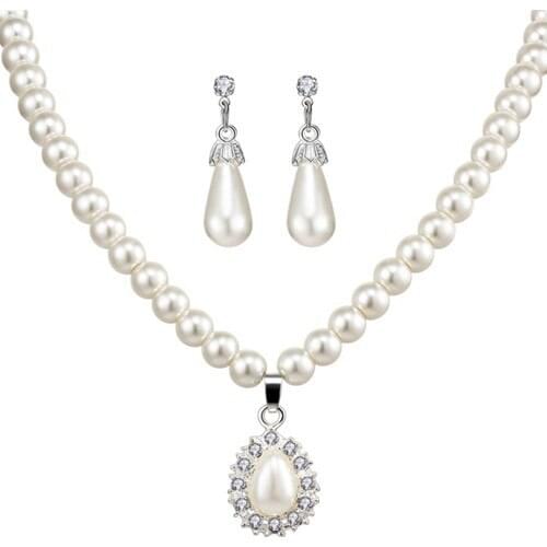Myfavori Silver Color Simulated Pearl Crystal Water Drop Necklace And Earrings Jewelry Set