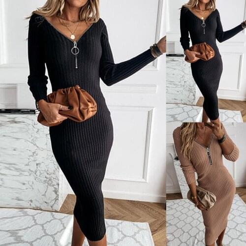 Autumn Backless Ribbed Knit Bodycon Dress Sexy Women Zip V Neck Long Sleeve Dress Winter Casual Midi Dress Vestidos