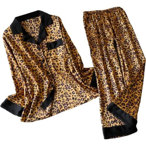Leopard Pyjamas Women Stripe Satin Pajamas Sets 2019 New Spring Long Sleeve 2 Pcs Suit Casual Silk Home Clothing Sleepwear