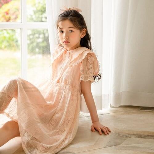 Girls Princess Pink Dress 2021 Summer Baby Teen Party Ceremony Pearl Lace Dresses 8 10 12 years Korean style