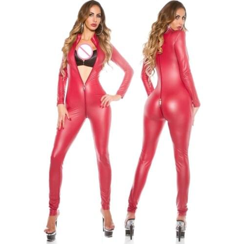 Sexy Women Wetlook Stretch Latex Catsuit Faux Leather Zipper Crotch Bodysuit Fetish Costumes Erotic Jumpsuit Plus Size