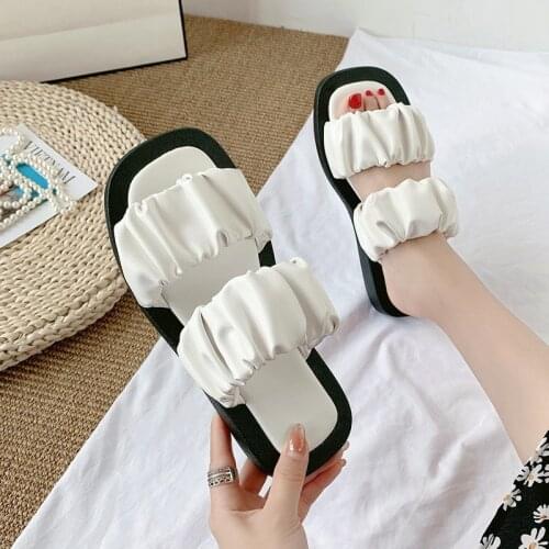 Slippers Women Summer Female Shoes Slides Platform Fashion 2020 Beach Flat Luxury Soft Pleated PU Basic Rome Rubber Flat Shoes