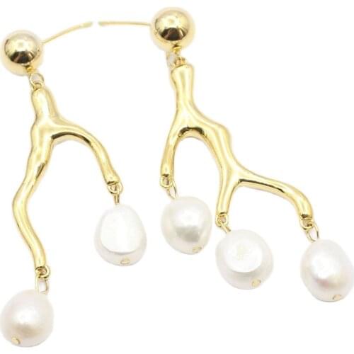 GuaiGuai Jewelry White Keshi Pearl 24K Gold Plated Branch Dangle Stud Earrings For Women Lady Gifts Jewelry