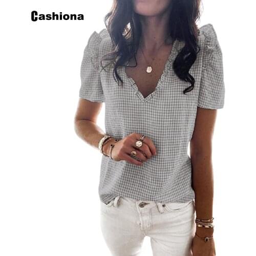 Cashiona 2021 Summer Women Plaid Blouse Model V-neck Basic Top Streetwear Plus Size Ladies Elegant Casual Blusas Shirt Femme 3XL