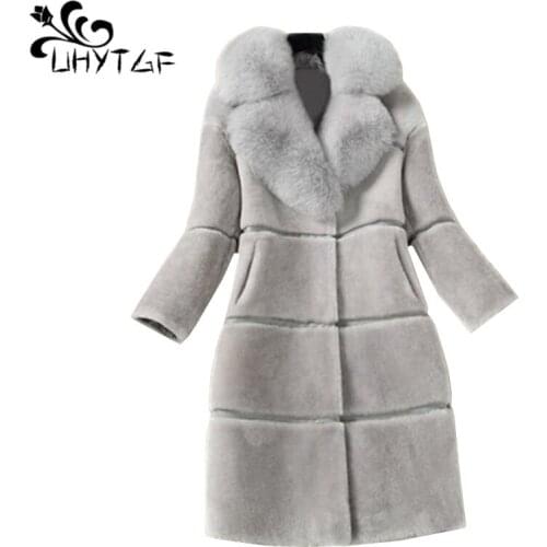 UHYTGF Autumn Winter Womens Faux Fur Coat High quality New Fox fur collar Jacket Ladies Long Loose Plus size Wool Fur Coats 708