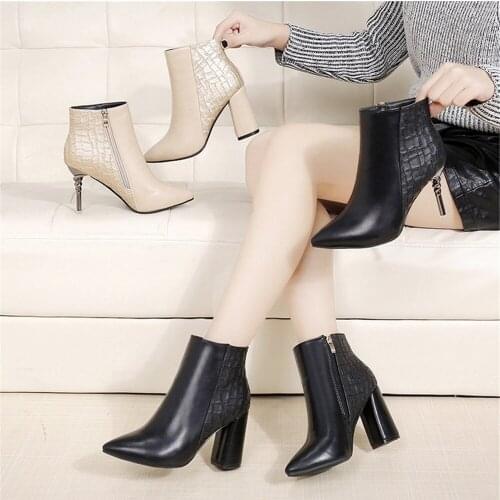 Europe thick with ladies Martin boots 2018 autumn winter new short boots patent leather pointed high heels women and bare boots
