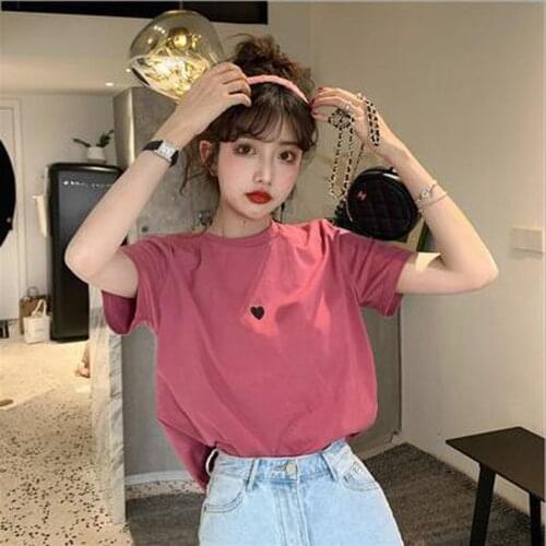 Love Heart Embroidery Women T shirts Simple Style Short Sleeve O Neck Women Tops Slim Fit Woman T shirt