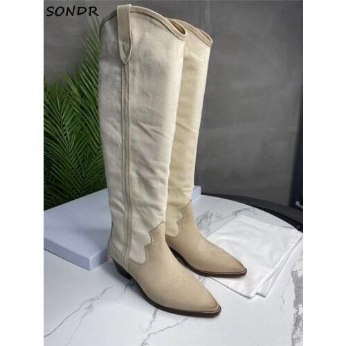 Womens Slip On Pointed Toe Knee High Boots Fashion Wide Calf Chunky Heel Cowboy Boots Brand Genuine Leather Autumn Knight Boots