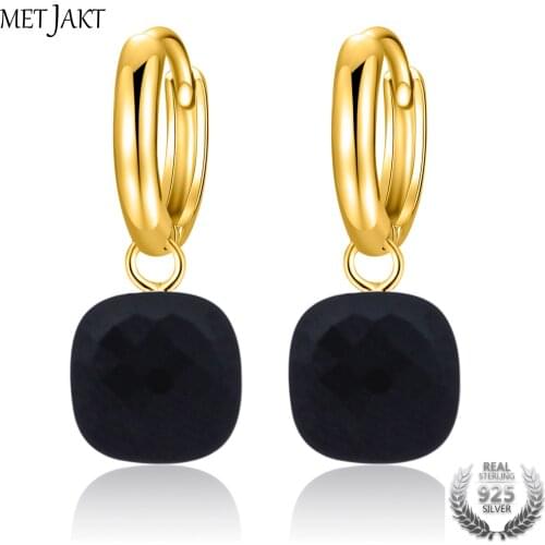 MetJakt Natural Black Agate Earrings Solid 925 Sterling Silver Gold Color Wedding Earring for Lady Perfect Luxury Gift
