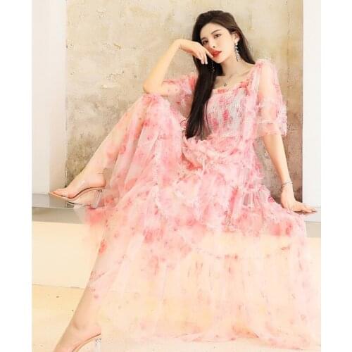 2021 Summer Fashion Women Short Sleeve Slash Neck Elegant Long Dress Floral Print Elastic Casual Chic Party Vestidos Mujer