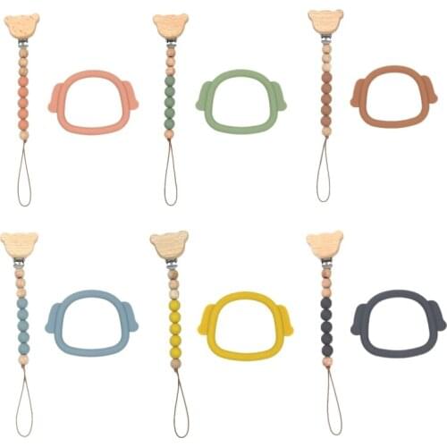 Baby Silicone Cartoon Teether Pacifier Clip Silicone Beech Wood Dummy Holder Gift Set for Kids Chew Food Grade Nursing Chains