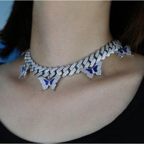 Wide heavy hip hop cuban chain butterfly choker necklace with blue enamel women chain wholesale for hip hop party jewelry