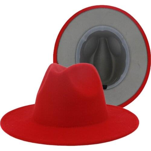 European American British Classic Red Grey Patchwork Woolen Felt Fedora Hat for Women Men Church Elegant Cowboy Outdoor Hat
