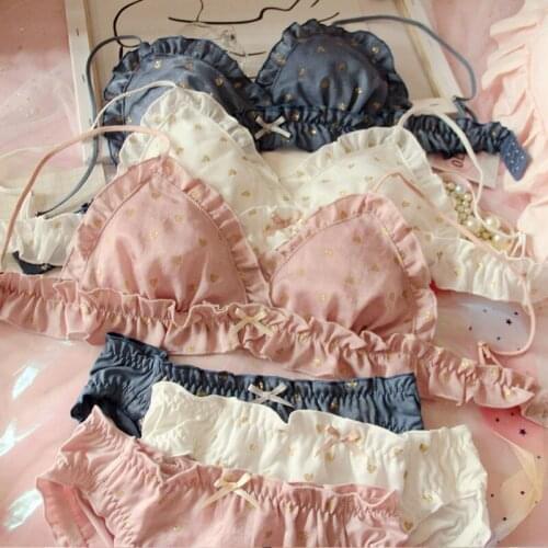 Heart Golden Print Cute Japanese Bra & Panties Set Milk Silk Wirefree Soft Underwear Sleep Intimates Set Kawaii Lolita 3 Colors