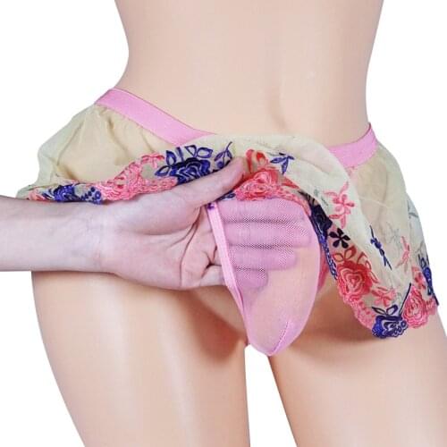 Lace Sissy Panties Sexy Lingerie with Bulge Pouch T back See through Skirted Gay Mens Underwear G string For Male Underpants